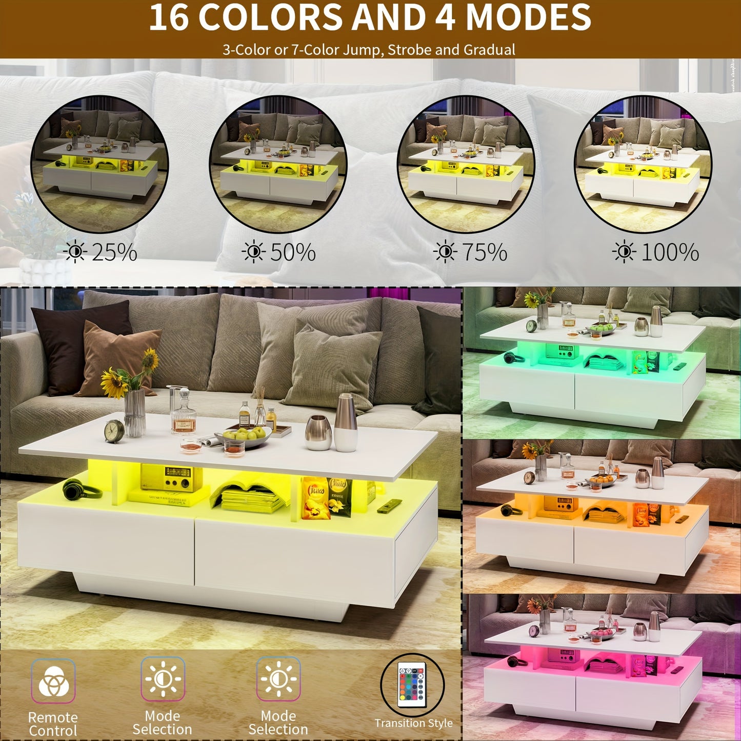 Xelsyo Modern LED Coffee Table with RGB Light System, 20 Colors & 4 Modes, High Gloss Finish, Double-Layer Storage & 4 Drawers, Suitable for Office, Living Room, 21.7"D X 35.4"W X 16.2"H