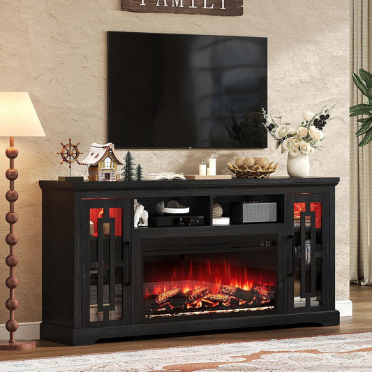 Elegant Style, PaPaJet Rustic Farmhouse TV Stand with 37" LED Fireplace, USB-Powered Entertainment Center for 80" TV, Black Hardwood with Red Accents, Adjustable Shelving, Ideal for Cozy Living Room Settings, Cozy Tv Stand|Ru