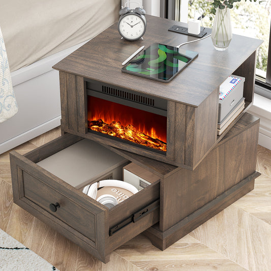 Rotating End Table with 13" Electric Fireplace Screens, Side Table with Fast Charging Station, 1400W Fireplace End Table with Storage, Wooden Side Table for Living Room, Bedroom, Office