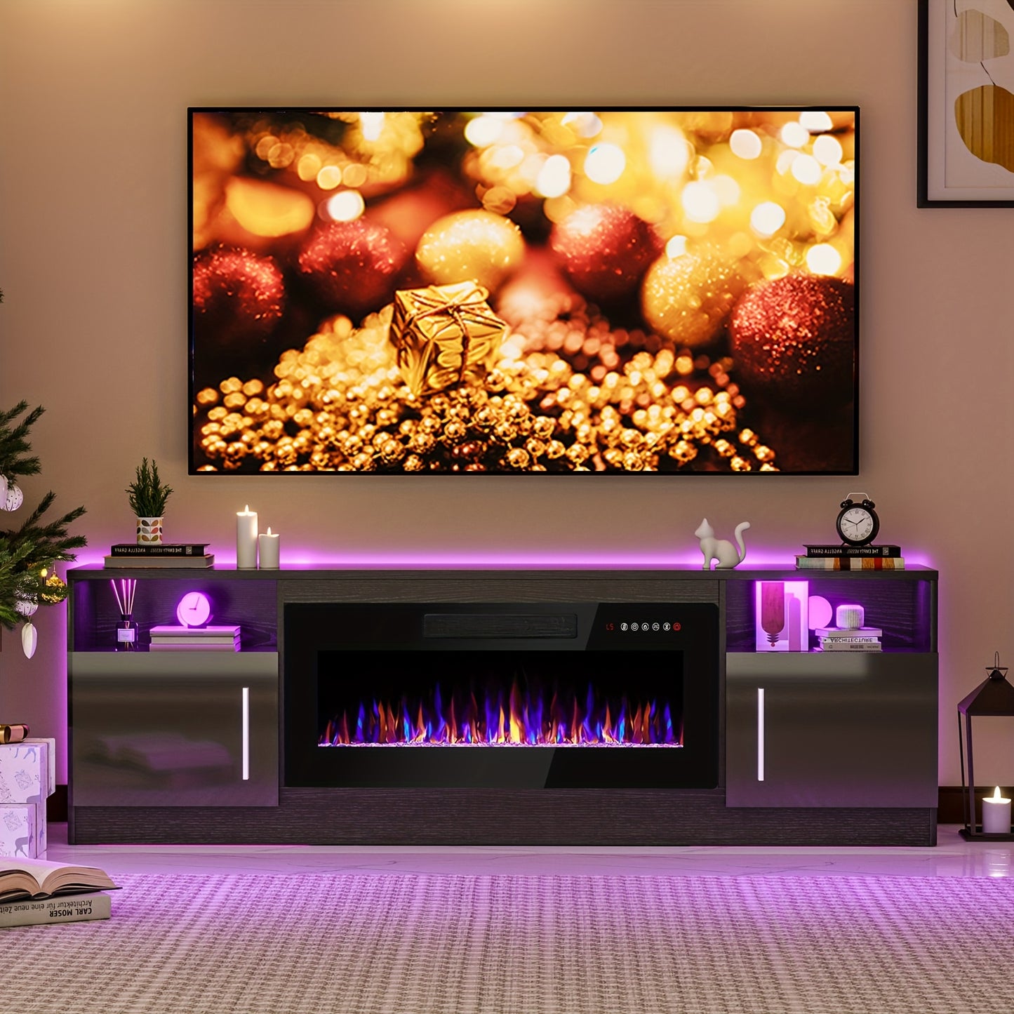 Fireplace TV Stand With 36" Electric Fireplace, LED Light Entertainment Center With Storage Cabinet For TVs Up To 80 Inch, Media TV Console With Modern Wood Texture, 70 Inch