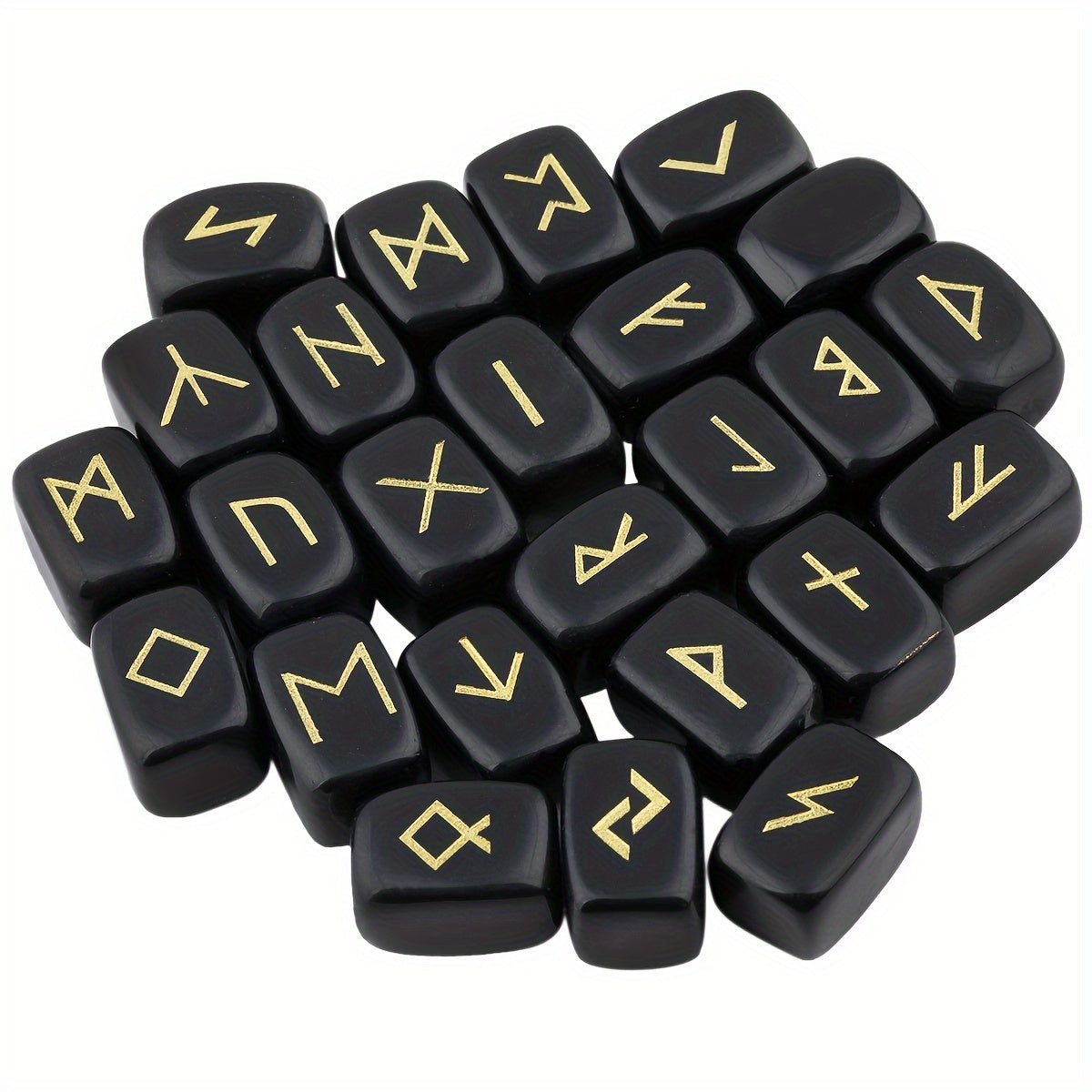 A Set of Natural Black Crystal Futhark Viking Rune Stones, Carved with Letters for Norwegian Witchcraft, Featuring Irregular Shapes, Totaling 25pcs.