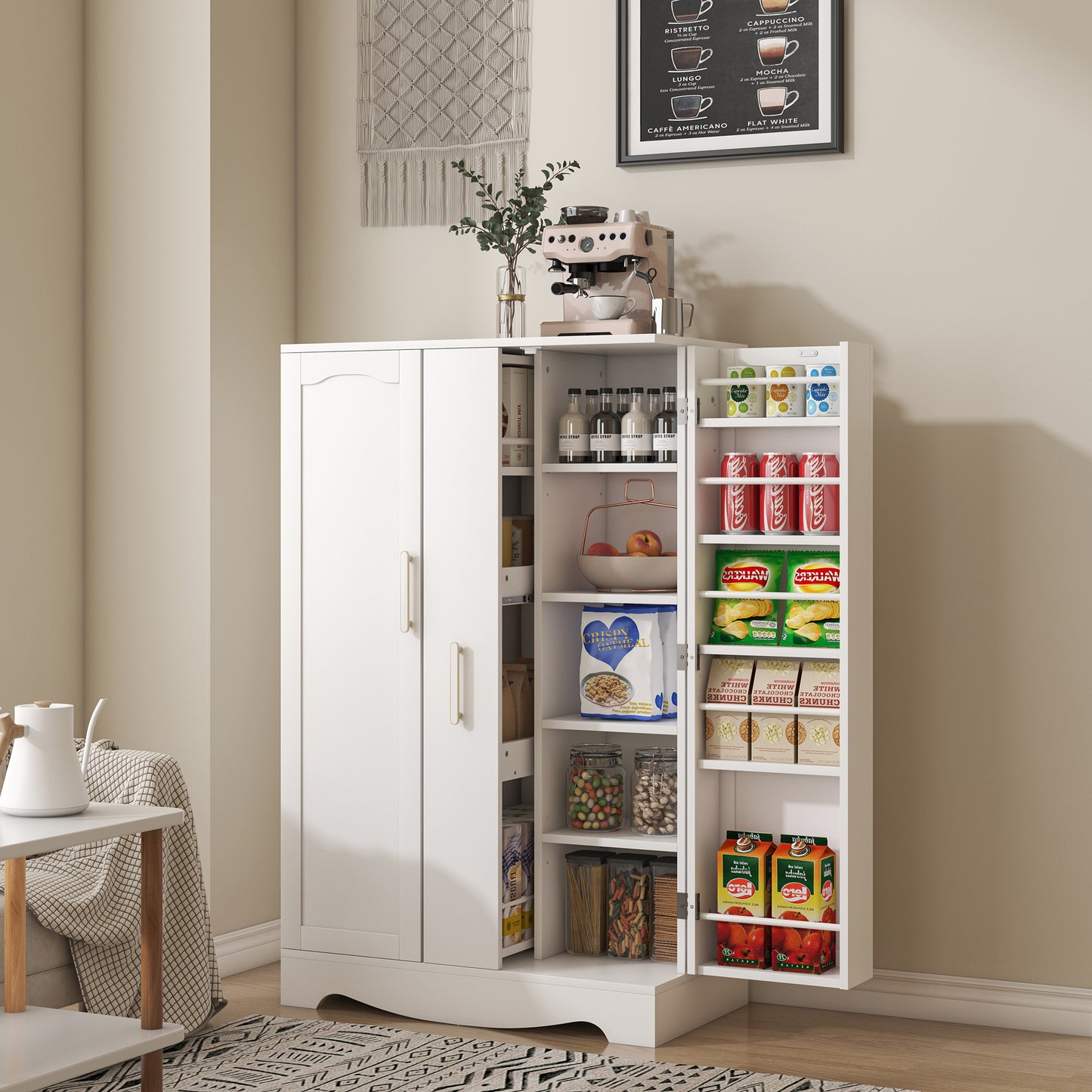 1pc White Wooden Freestanding Kitchen Pantry Cabinet with Adjustable Shelves and Drawer - Multipurpose Storage Organizer for Home and Office Use, Fits 47" Width, Ideal for Holiday Celebrations