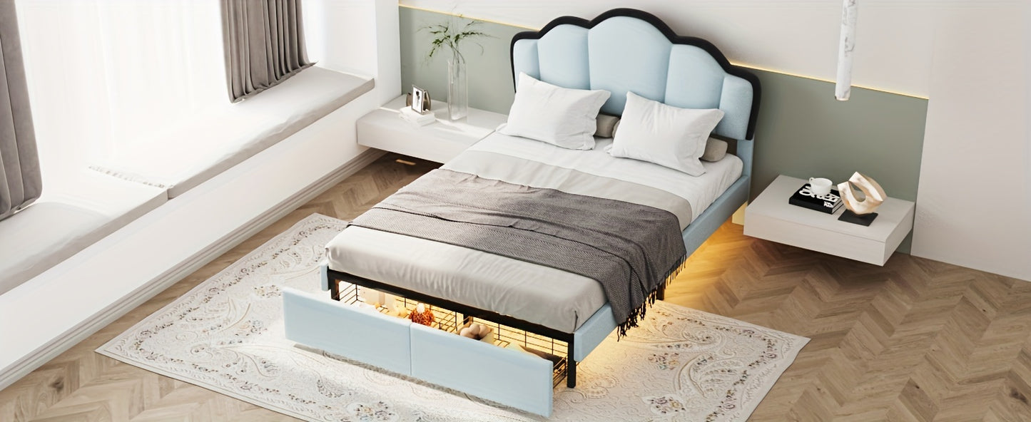 Ball & Cast Full Size Upholstered Princess Platform Bed With LED Lights And 2 Stretch Storage Drawers For Easy Assembly, 77.4 "L X 56.9" W X 37.8 "H