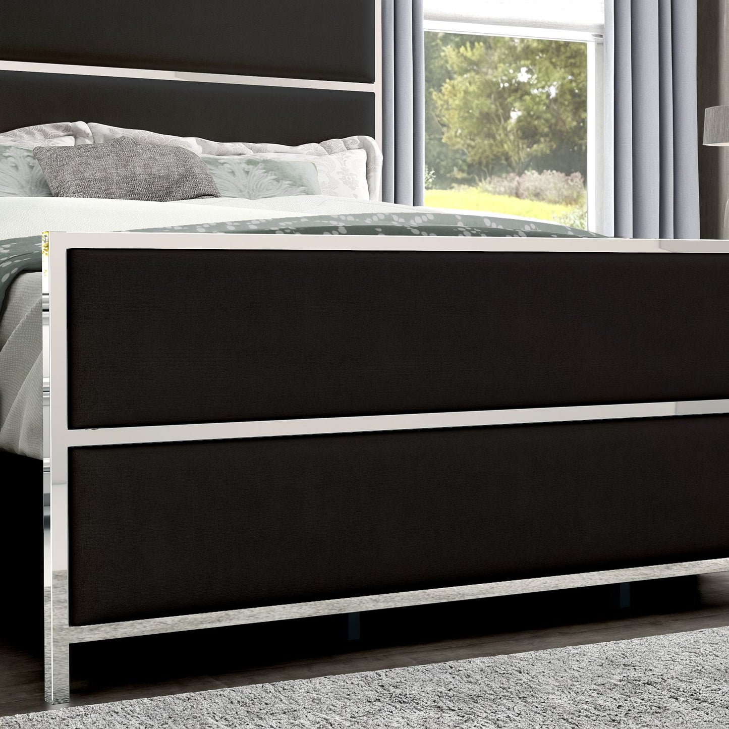 A Velvet Upholstered Platform Bed Frame comes with a 59" Tall Headboard and Footboard, emphasized by Silver Mirrored Plating - and a Box Spring is not necessary