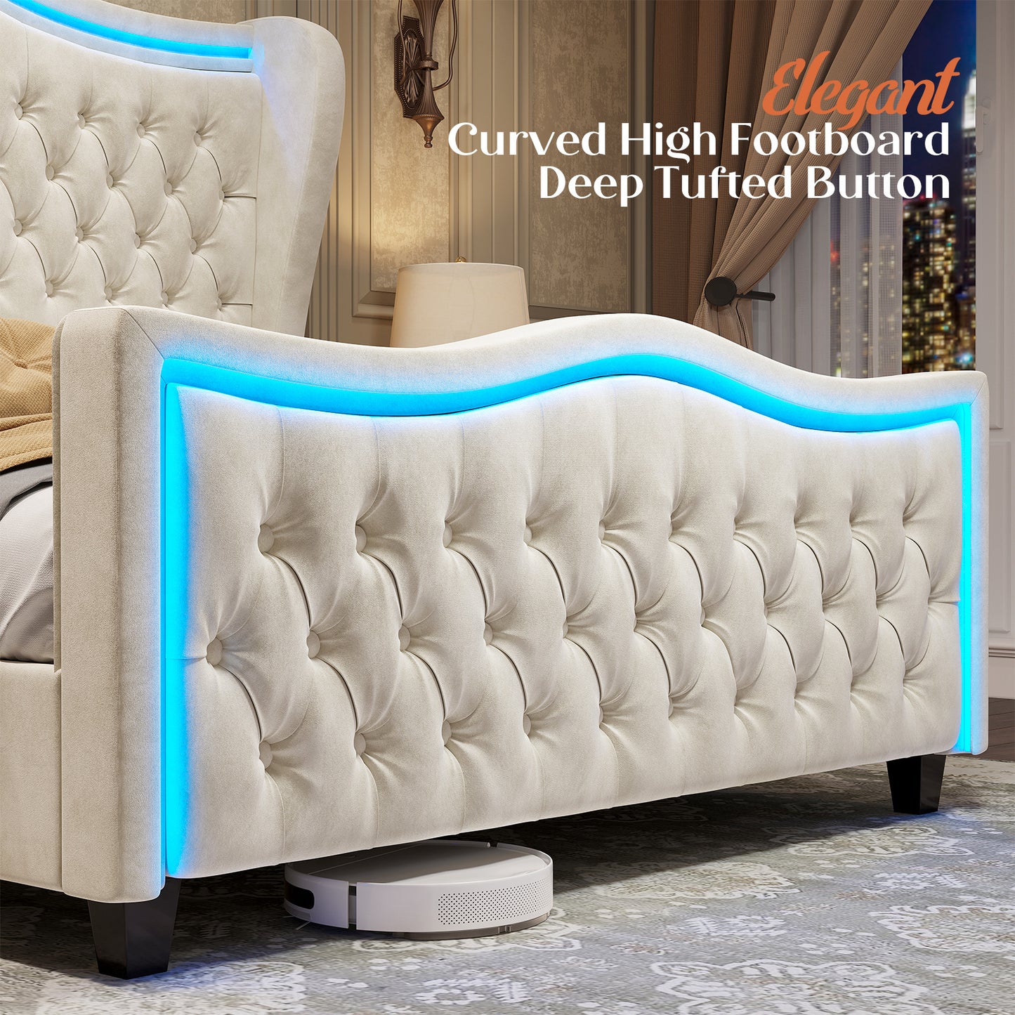 Exquisite Albott Platform Bed Frame with Integrated LED Lighting, 53-Inch Upholstered Wingback Design Accentuated by a Finely Crafted Deep Button-Tufted Headboard and Footboard - Comparable to Amazon's Finest