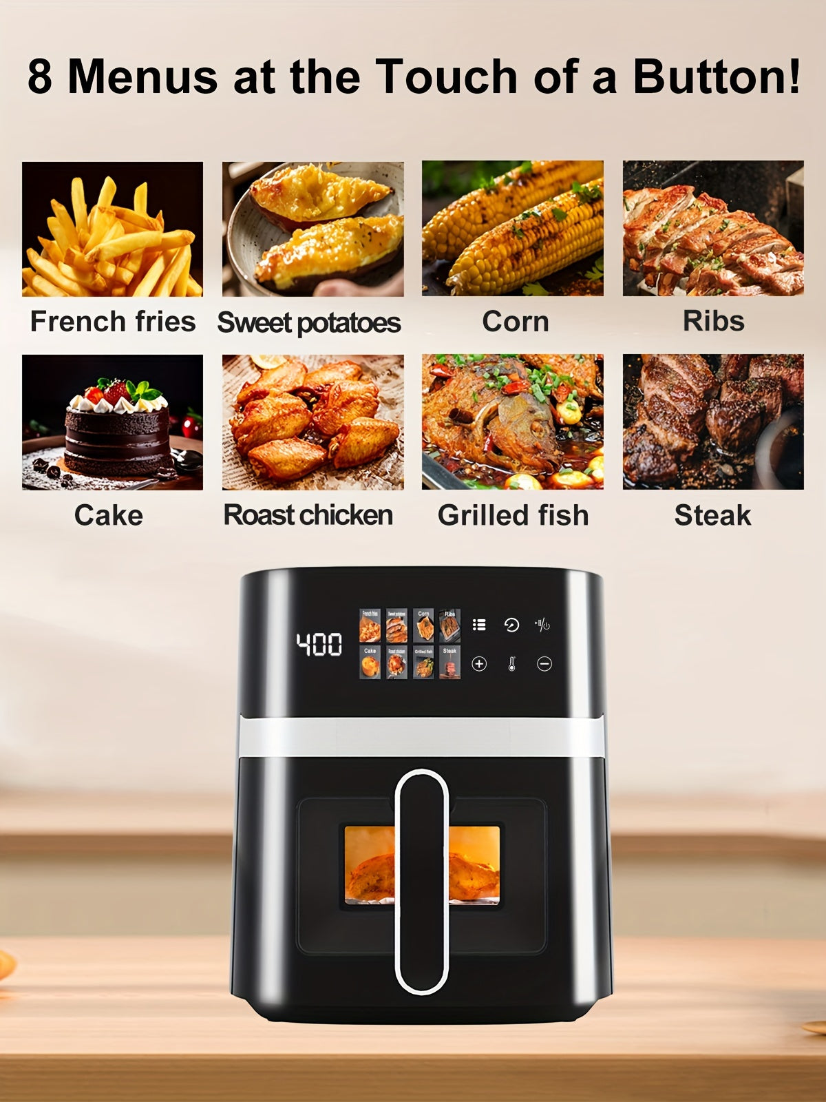 5 Quart Large Capacity Air Fryer with Stainless Steel Rack Basket, Smart Cooking Programs, LCD Touchscreen, Multifunctional Electric Fryer, Black Kitchen Appliance