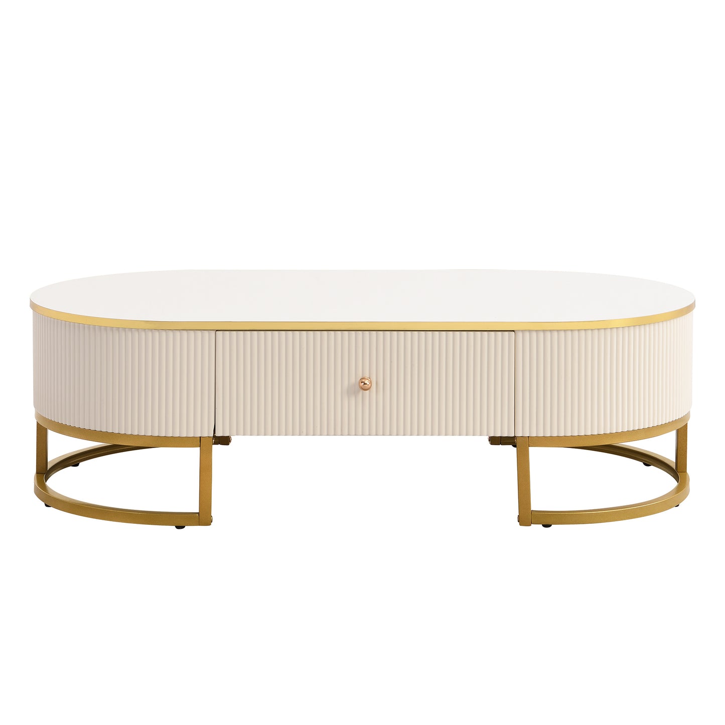 [1 Modern Oval Coffee Table] Thcbme Modern Oval Coffee Table, Wood Frame & Top, Space-Saving Curved Profile Design, with 2 Large Drawers, Golden Metal Accents, for Living Room, Office, Bedroom - White & Golden