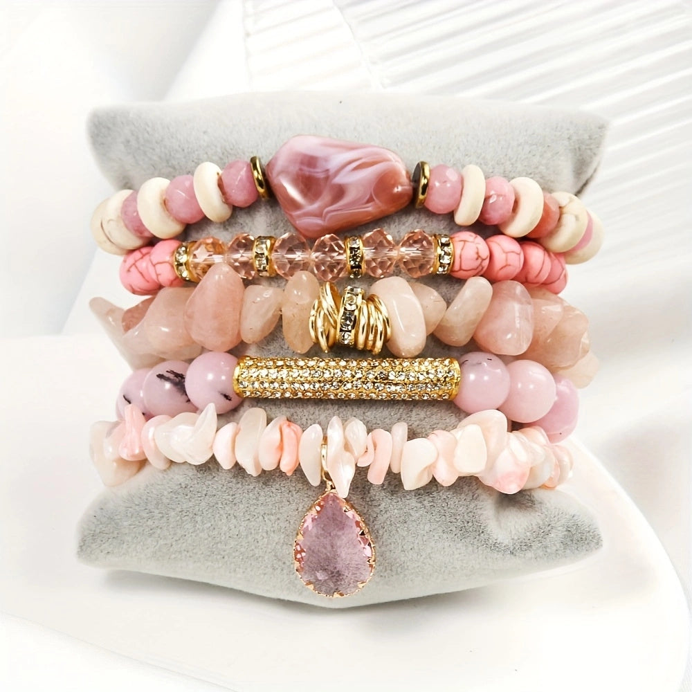 5pcs Boho Elegant Stackable Beaded Bracelet Set, Handmade Multi-Layer Synthetic Zirconia & Natural Stone, April Birthstone, Ideal for Daily Wear & Thanksgiving Gift