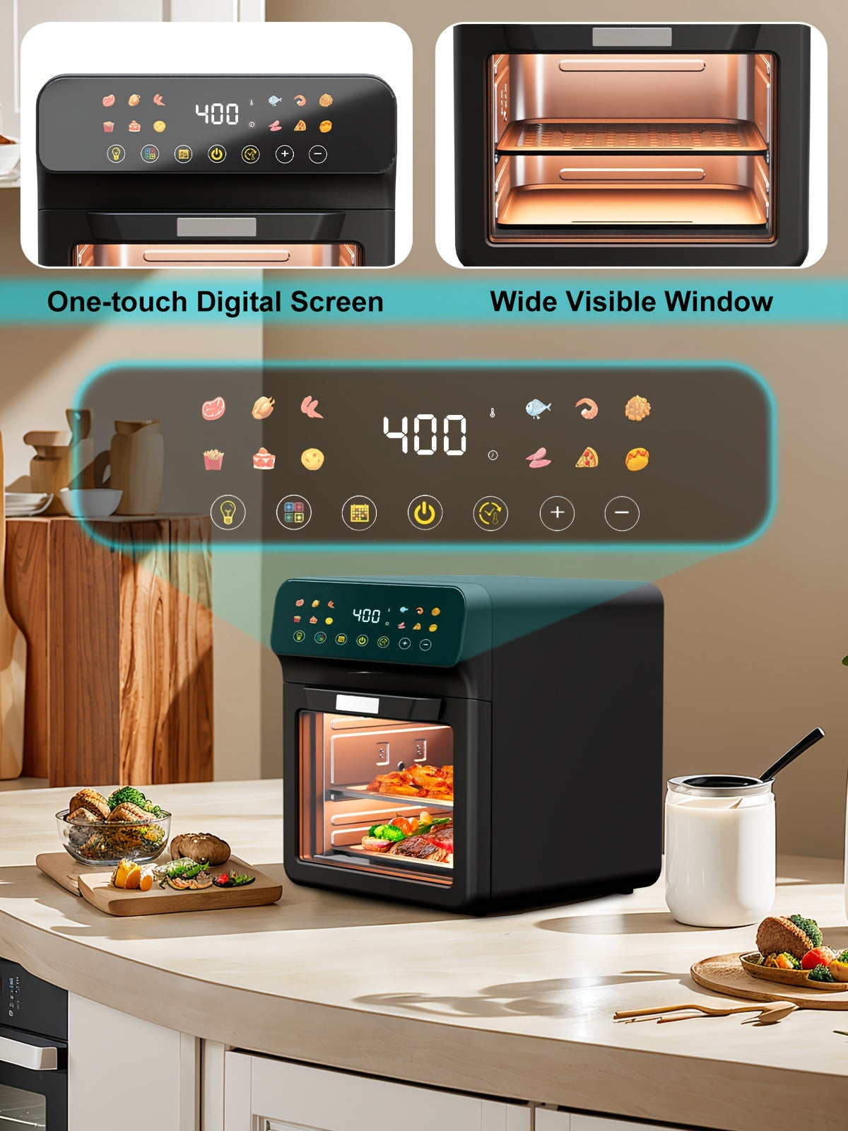 12QT Air Fryer Convection Oven with 10-in-1 Multi Function, Visible Window, Touchscreen, Healthy Choice, Easy to Clean, One-Touch Operation, Grey