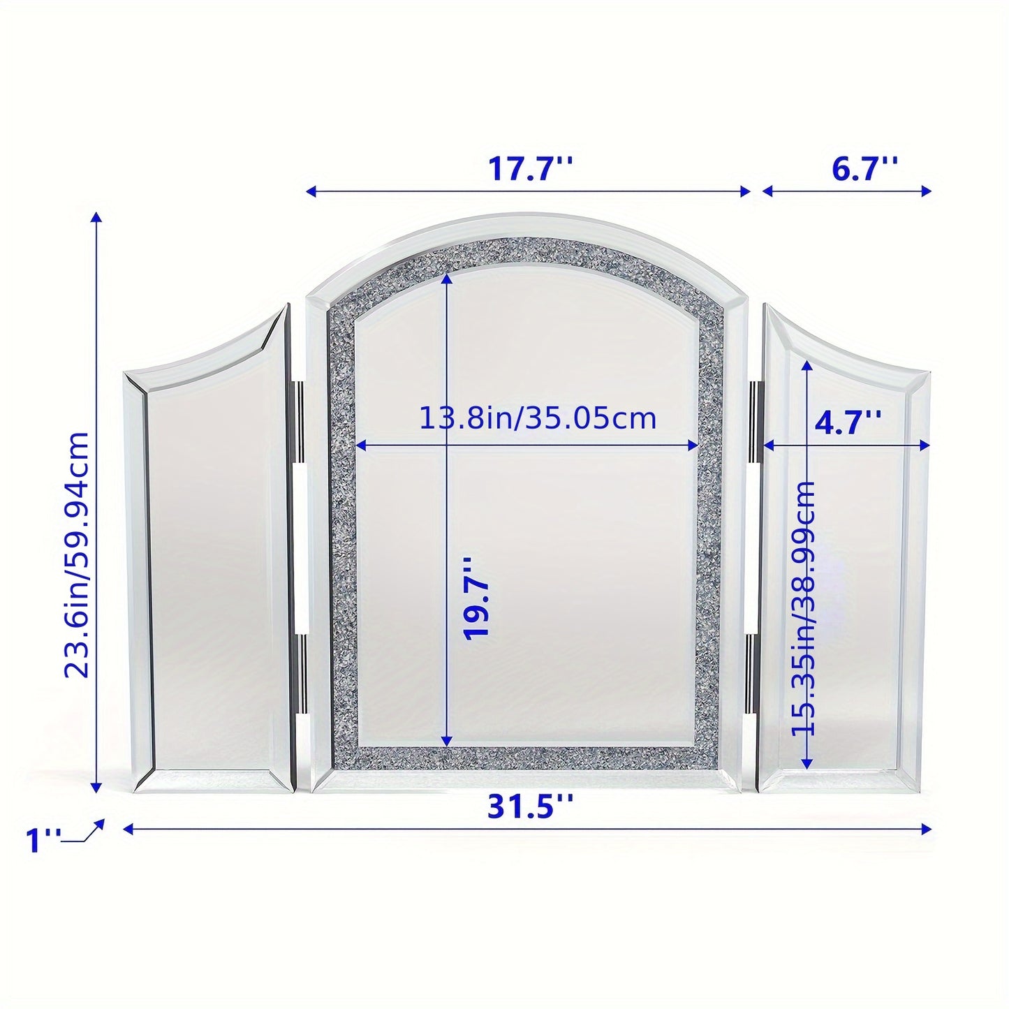 Trifold Mirror Vanity-Crushed Diamond 3 Way Mirror Bedrooms, Bathroom, Table Top Mirror, 360 Makeup Mirror, Decorative, 32 Inch X 24 Inch