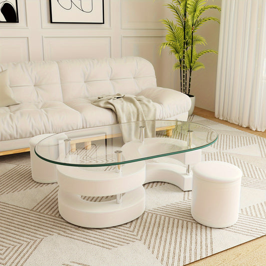 Modern Glass Coffee Table Set Of Three, Including 0.39-inch Thick Oval Coffee Table And 2 Leather Stools, S-shaped Design Living Room Center Table, Maximum Load-bearing Capacity 220 Pounds, Suitable For Living Room, Bedroom,