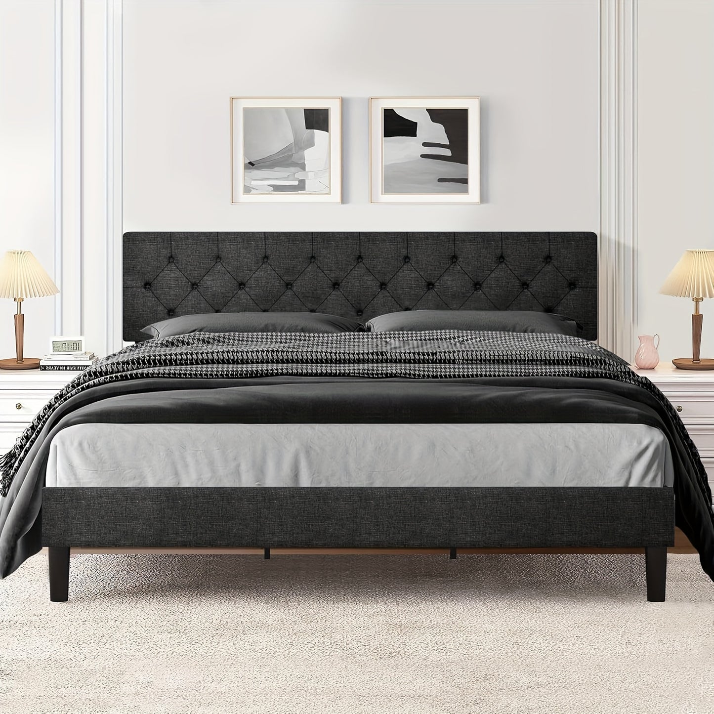 Elegant Grey Linen Upholstered Bed Frame with Tufted Headboard - Solid Wood Platform Bed with Sturdy Slats Support, Easy Assembly, No Box Spring Needed, Perfect for Modern Decor, Bed Accessories, HOMBCK