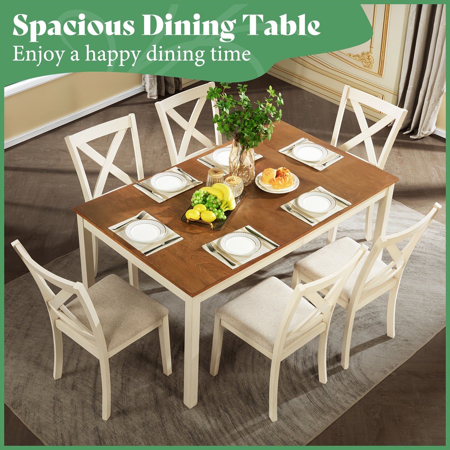 PAPAJET 7pcs Farmhouse Dining Set - 60" Solid Wood Table with 6 Upholstered Chairs, Hardwood Construction, MDF, White Finish, Ideal for Kitchen or Restaurant