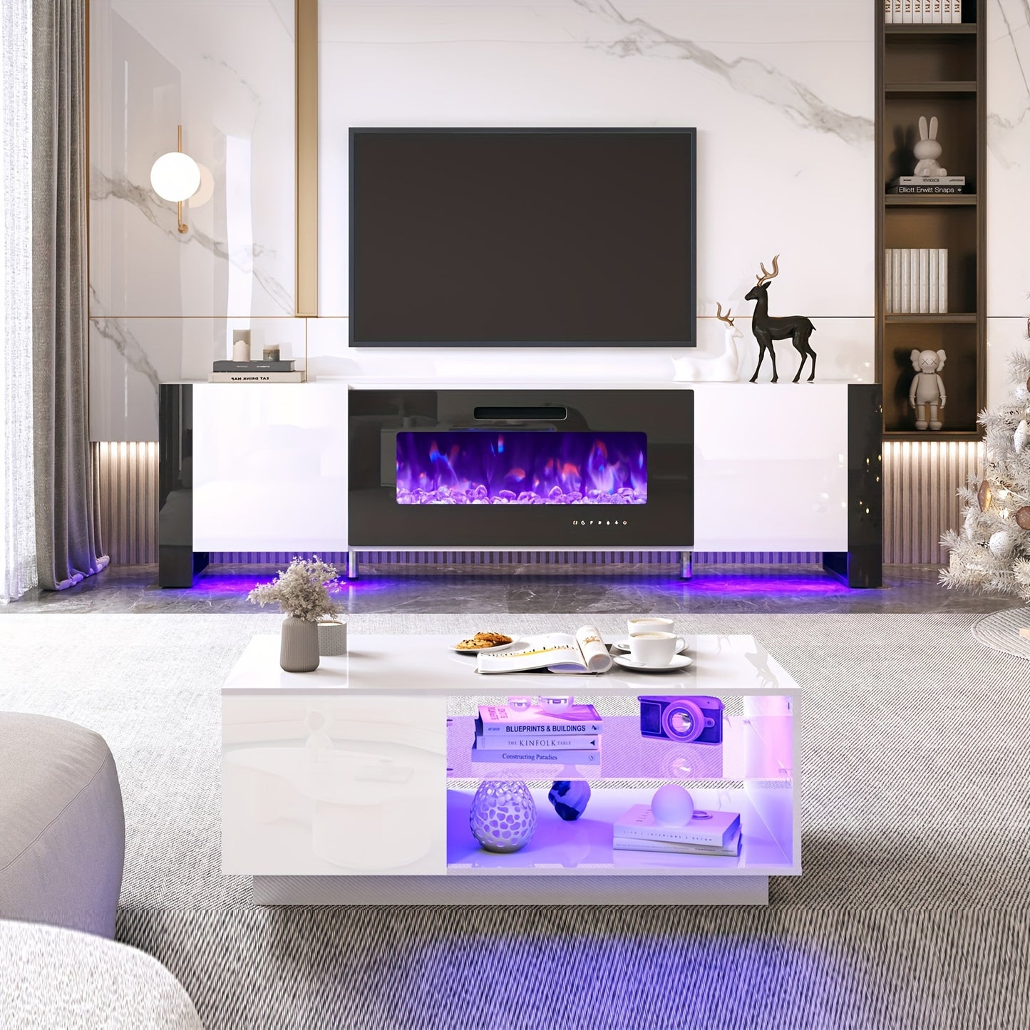 2 Piece Living Room Table Sets, Modern High Gloss TV Stand LED Lights, Electric Fireplace, 40" Coffee Tables for Living Room, TV Stand and Coffee Table Set, Black&White