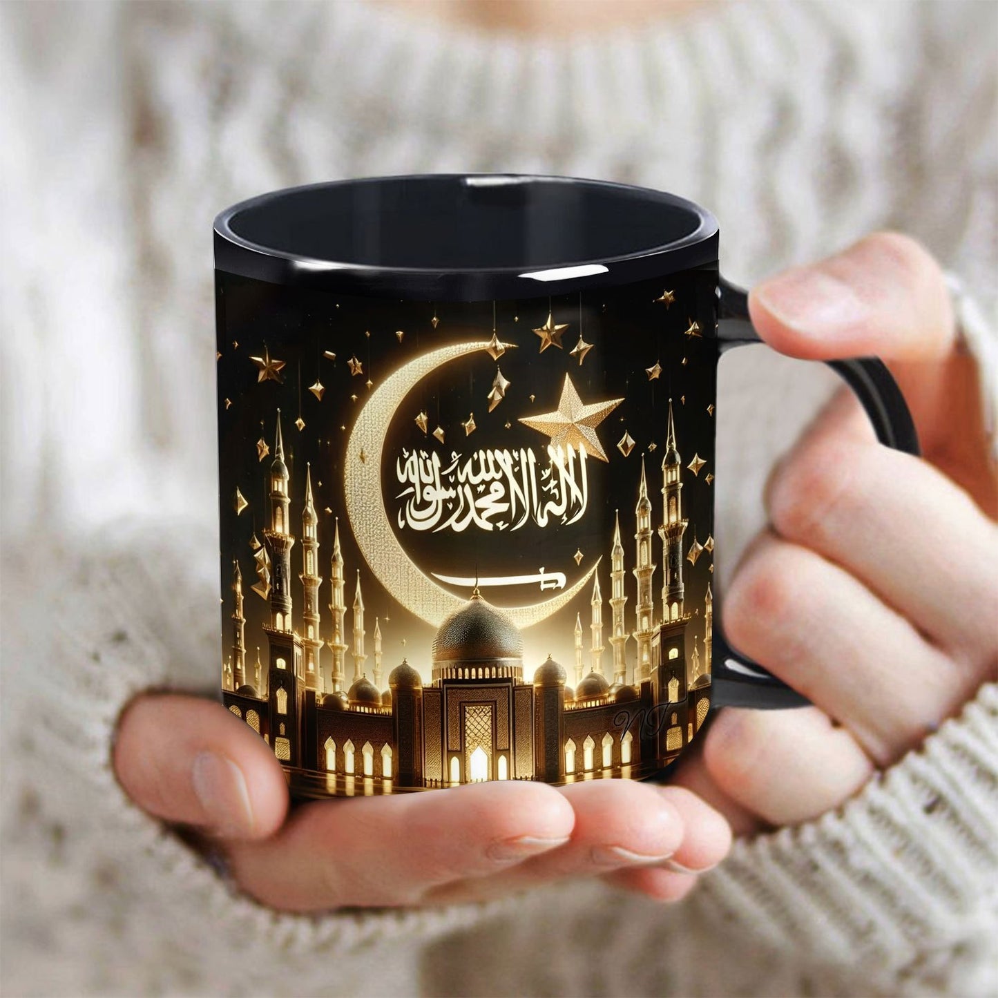 1pc Ramadan Ceramic Coffee Mug 11oz - Hand Wash Only, Reusable Multipurpose Cup for Birthday, Festival, Eid Gifts - No Electricity Needed, Islamic Moon and Mosque Design