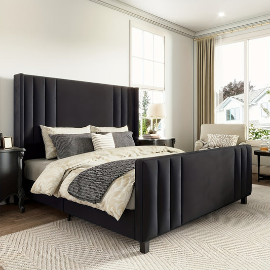 Queen Velvet Upholstered Platform Bed Frames featuring a Vertical Channel Tufted Headboard and Footboard with Wingback Design, Wood Slats Mattress Support, No Box Spring Required Black