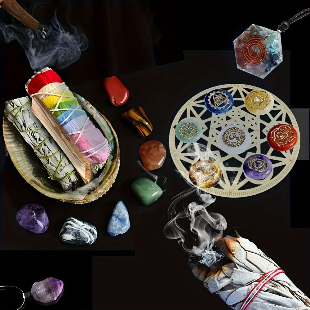 Sage Smudge Kit - Flower White Sage, Palo Santo, Stand, Engraved Symbols Polished Stones & Crystal Bracelet Meditation Instructions & Pouch -Jewelry Patterns