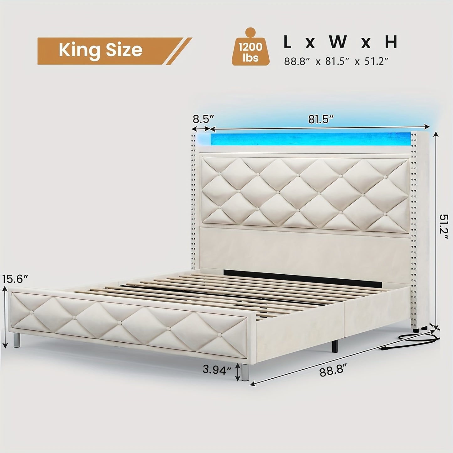 King/Queen Size Bed Fame With Tall Headboard And Charging Station, LED Platform Bed Frame With LED Lights Button Tufted Storage Headboard, No Box Spring Needed, White