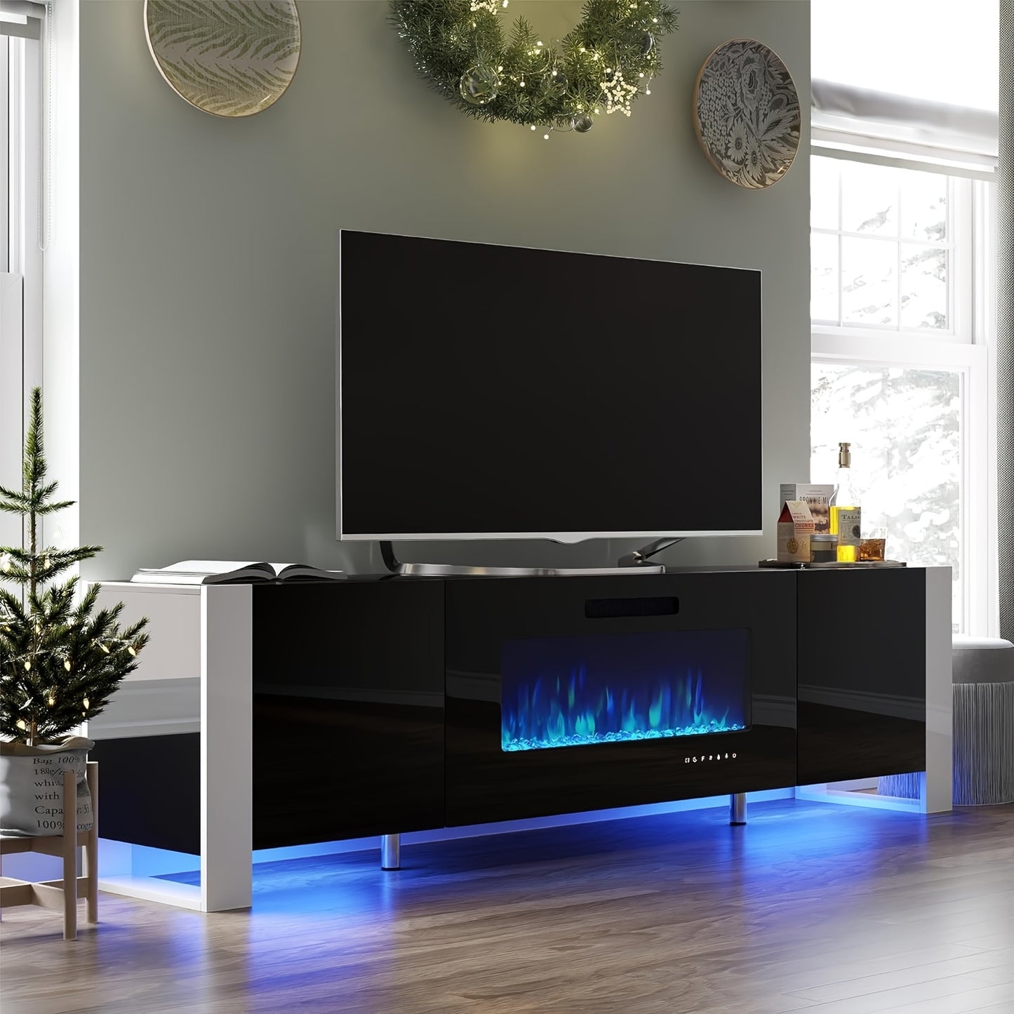 Modern 80" Black TV Stand with Built-In Electric Fireplace - High Gloss Finish, LED Lights, Durable Wood Construction