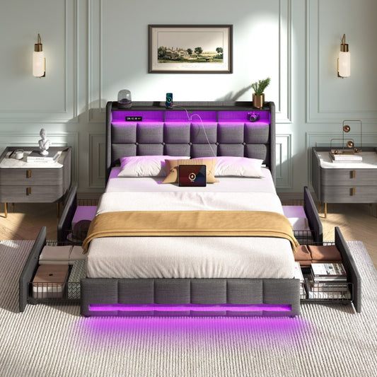 Bed Frame, Storage Headboard with Charging Station & LED Lights Bed Storage Headboard & Drawers, Heavy Duty Wood Slats, Easy Assembly