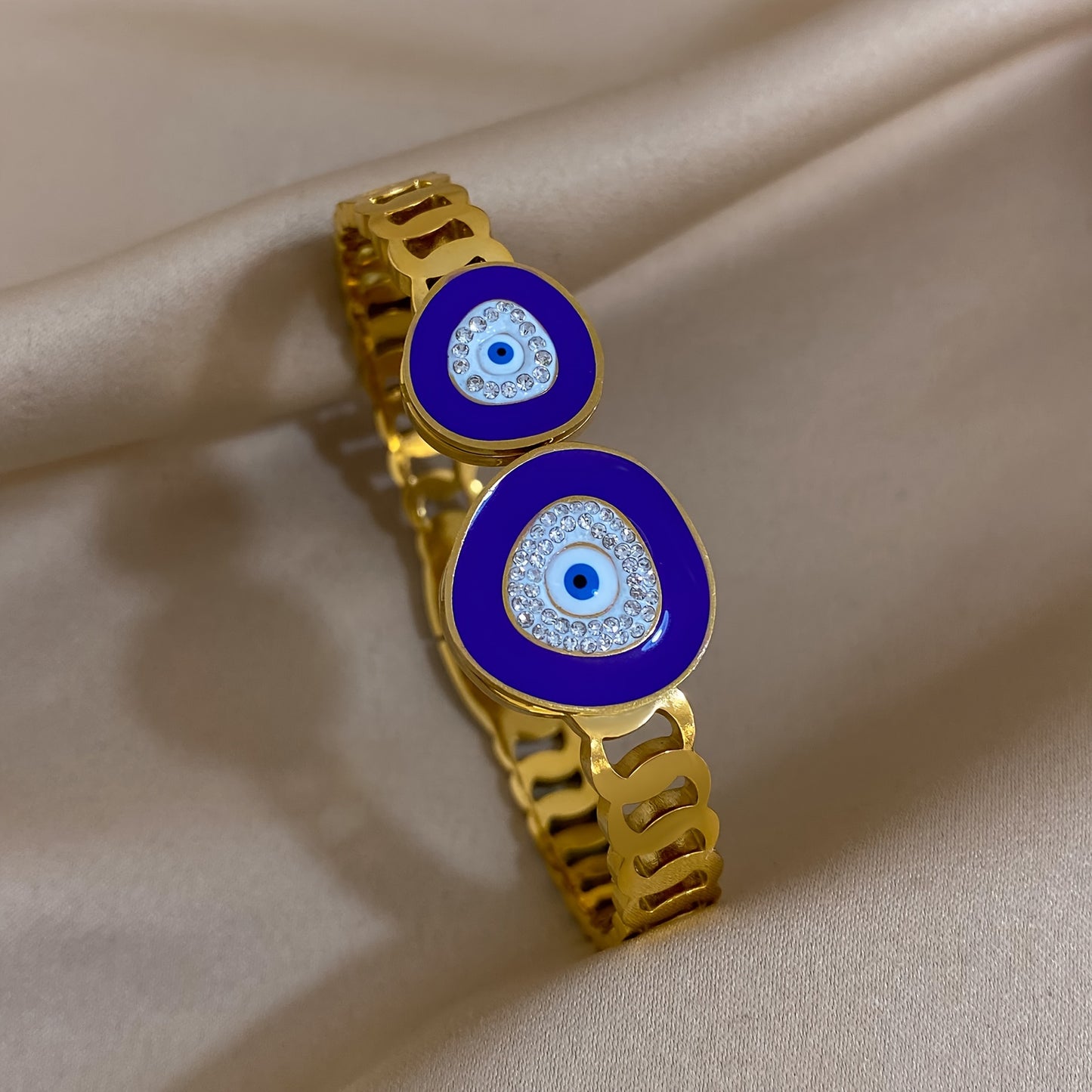 Stainless Steel Gold-Plated Evil Eye Cuff Bracelet - Punk Style Double Blue Eye Design - For Women - Perfect for Weddings, Anniversaries, Birthdays & More - Ideal Gift for Fashion Lovers