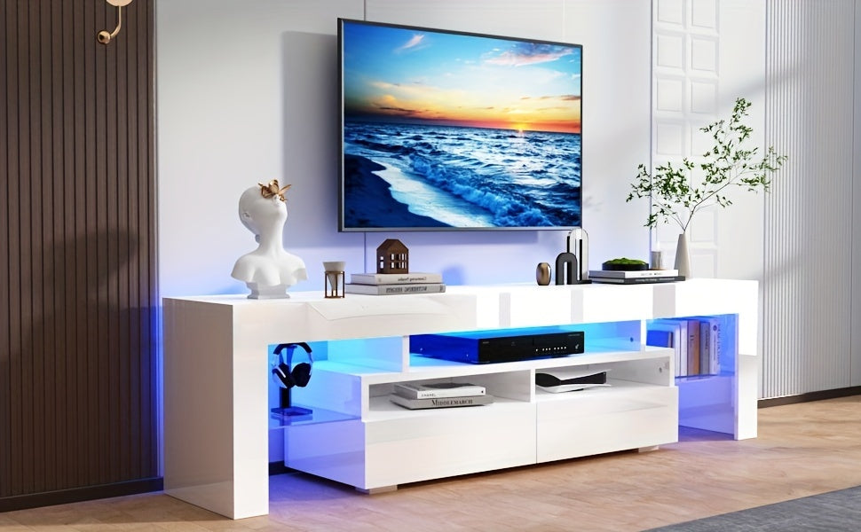 Modern LED TV Stand for Living Room, Black TV Stand, High Gloss TV Entertainment Center with Storage Drawer, APP RGB Light, TV Console