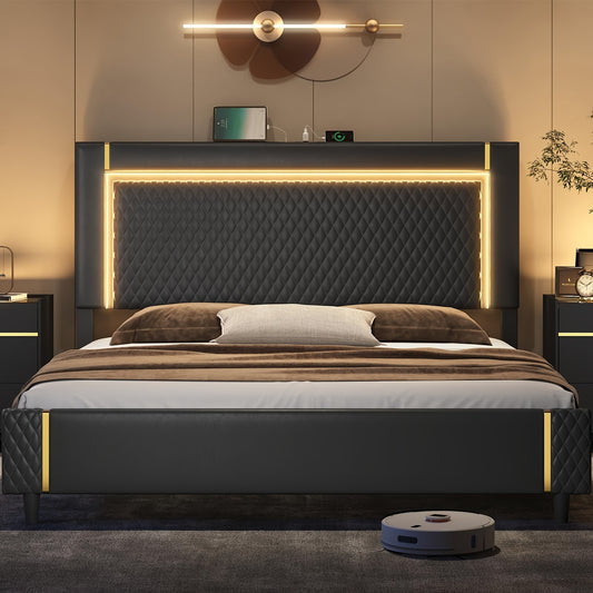 MSmask King/ Queen Size Bed Frame With 48.8''-51.2'' Tall Adjustable Headboard And LED Lights, Metal Platform King Bed Frame And Headboard, LED Bed Frame With Type-C&USB, No Box Spring Needed, Black