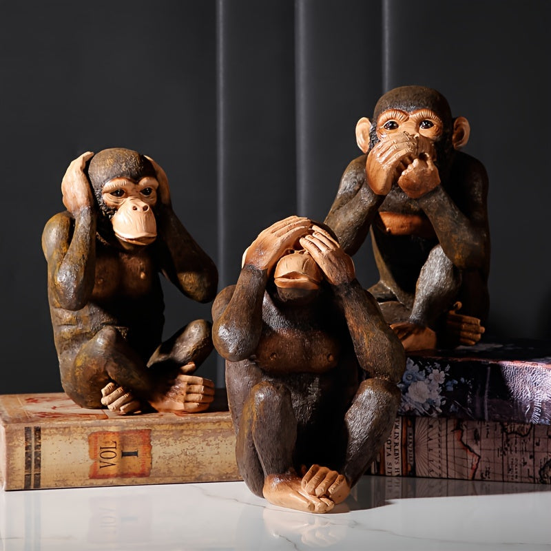 Set of Three Realistic Chimpanzee Figurines: Indoor/Outdoor Decorative Statues Made of Resin