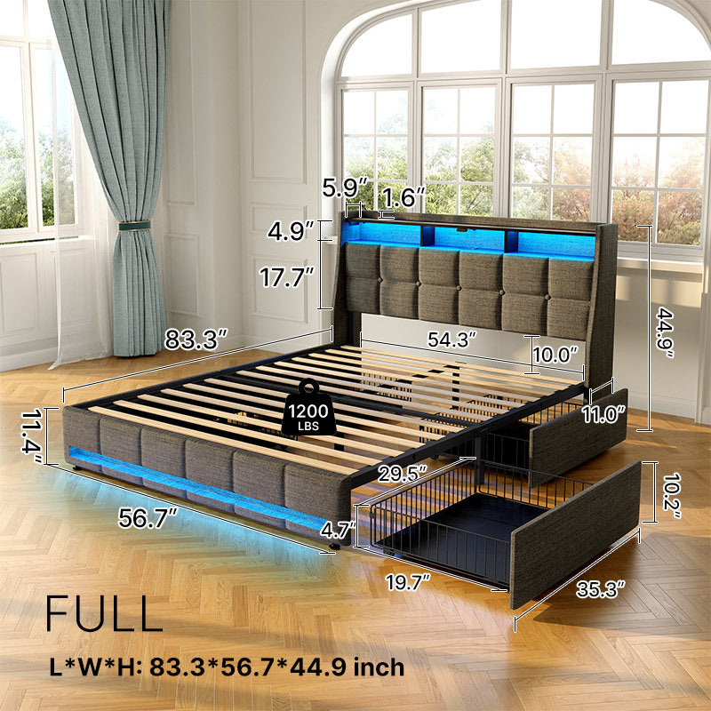 Bed Frame, Storage Headboard with Charging Station & LED Lights Bed Storage Headboard & Drawers, Heavy Duty Wood Slats, Easy Assembly