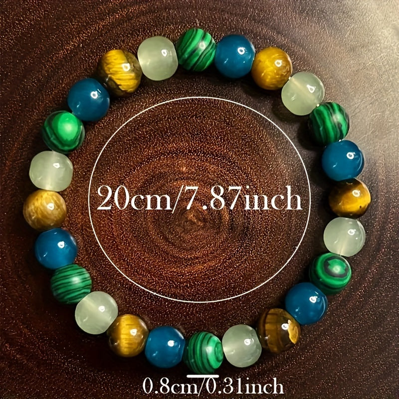 Lucky Charm Bracelet - 8mm Tiger Eye & Malachite Gemstones, Wealth Attraction Jewelry, Stretch Jewelry, Good Luck