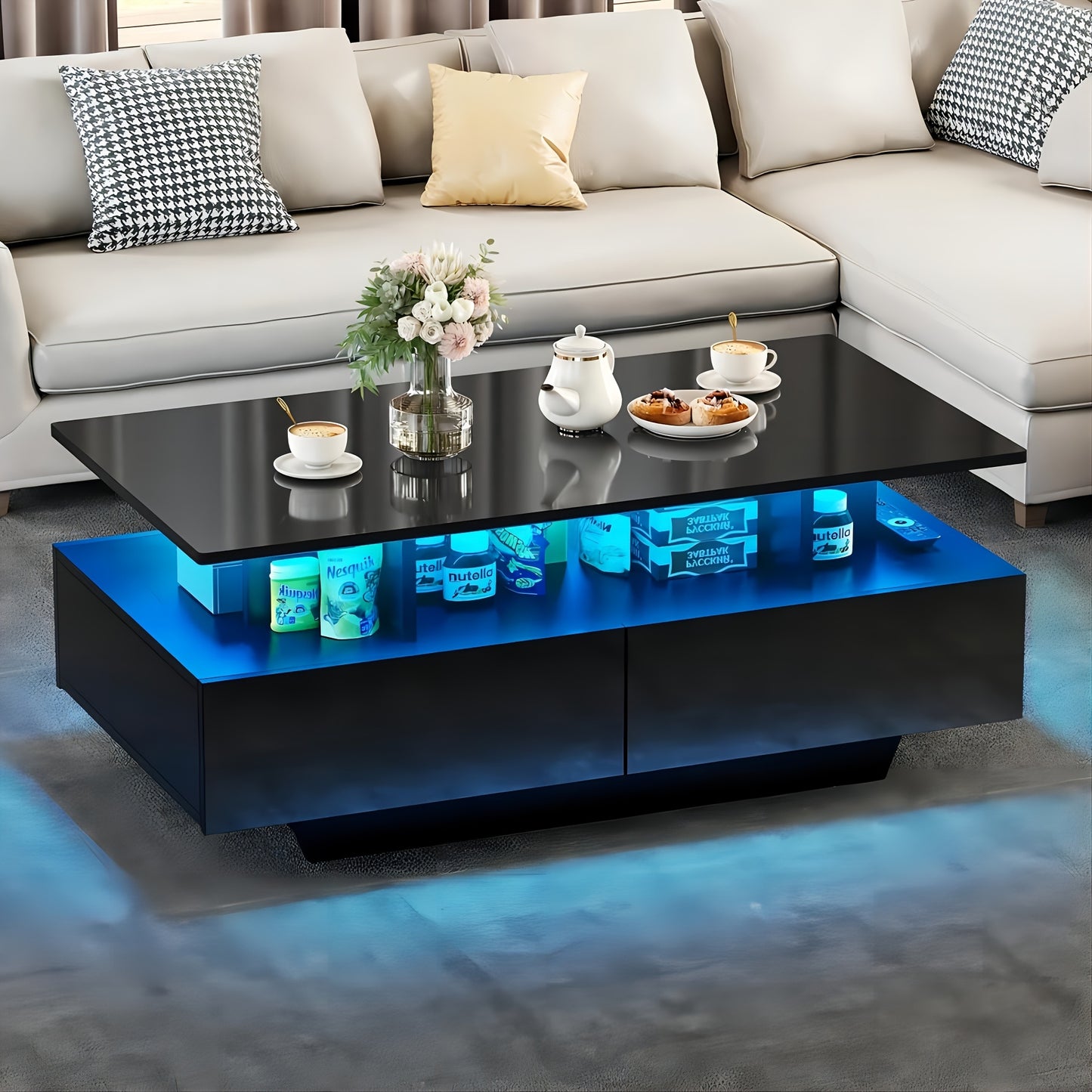 Xelsyo Modern LED Coffee Table with RGB Light System, 20 Colors & 4 Modes, High Gloss Finish, Double-Layer Storage & 4 Drawers, Suitable for Office, Living Room, 21.7"D X 35.4"W X 16.2"H