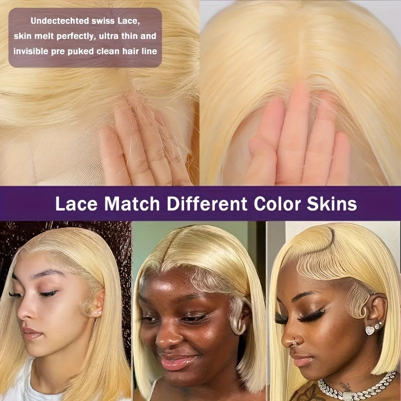 613 Blonde Bob Wig Human Hair 13x4 Blonde Lace Front Wigs Human Hair Pre Plucked Transparent Lace 180% Density 613 Frontal Wig Brazilian Straight Short Bob Wigs