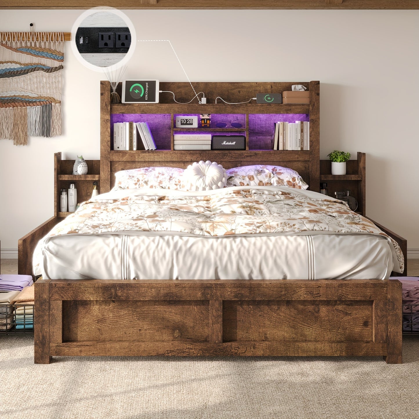 Farmhouse Wooden Bed Frame With 4 Storage Drawers, LED Bed Frame With 49" Tall Bookcase Headboard, Wood Platform Bed With Charging Station & 2 Slide Bedside Shelf