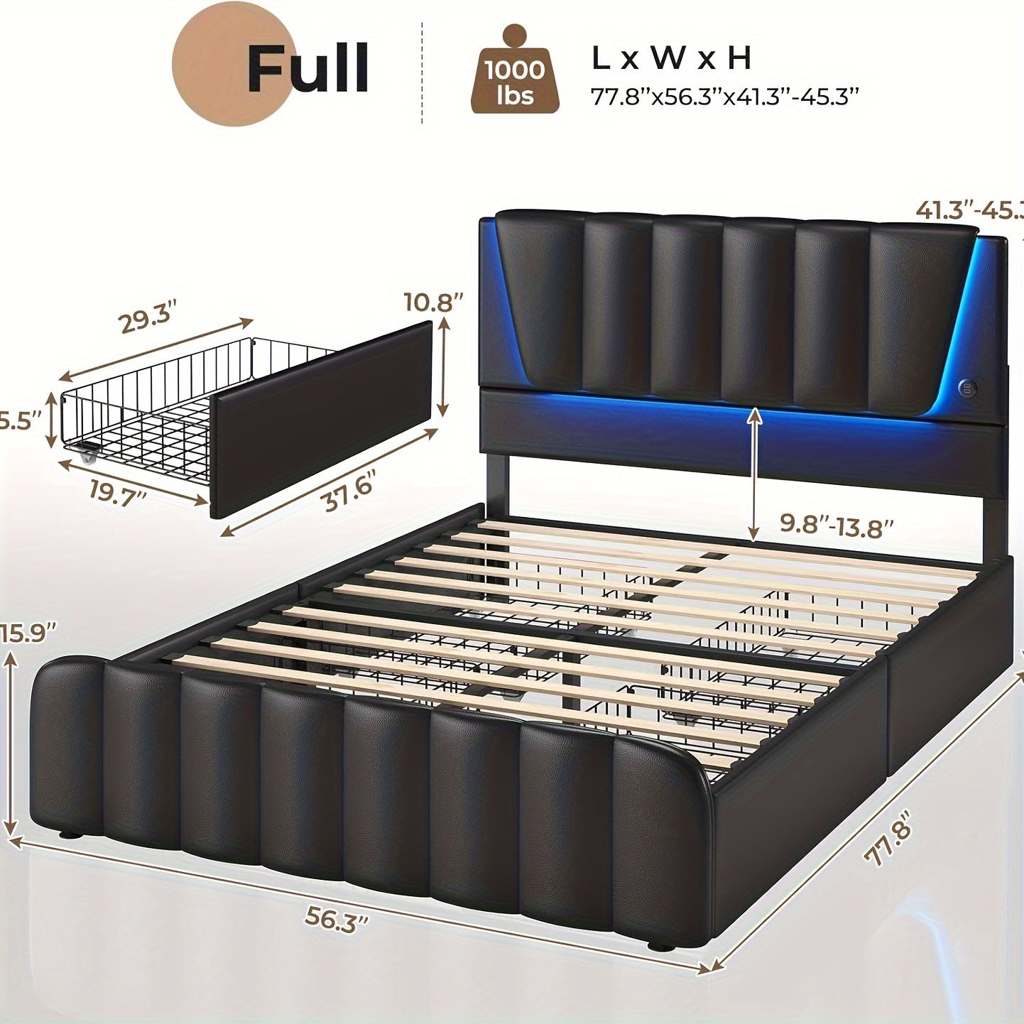 Queen Bed Frame With Storage Drawers And LED Lights, Upholstered Platform Bed Frame Queen Size With Height Adjustable Headboard, No Box Spring Needed, Cream White