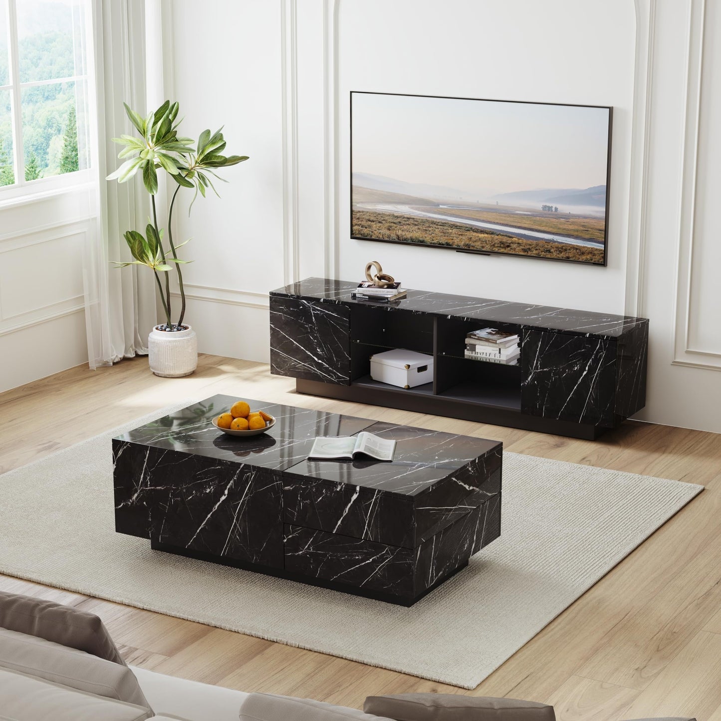 LED Coffee Table, 43" UV High Gloss Modern Center Table With 2 Drawers & Hidden Storage Compartment & Open Compartments, Modern Extendable Cocktail Table (Marble Black Or White)