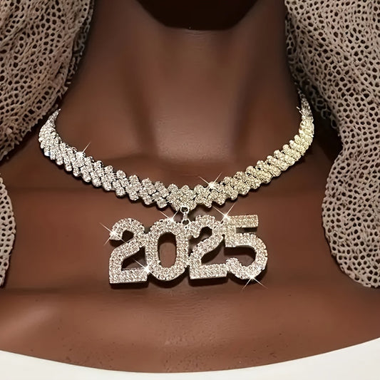 2025 Rhinestone Pendant Cuban Chain Necklace For Women, Hip-Hop Style, Unisex Fashion, Short Clavicle Jewelry, Festive Holiday Accessory, Iron With Rhinestone Inlay, Suitable For Parties, Music Festivals, Lunar New Year, All-