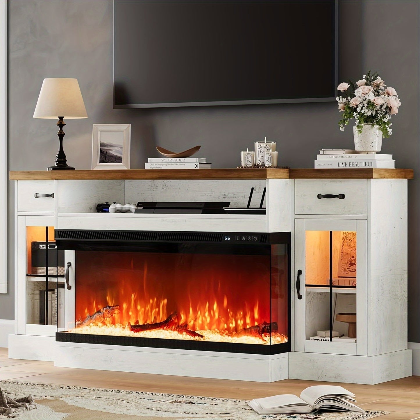 Fireplace TV Stand With 40" Electric Fireplace For 80" TV, 70" Fireplace Entertainment Center With Adjustable Storage Cabinets, 2 Drawers, LED Lights, TV Consoles For Living Room, White Brown Gray Rustic Oak