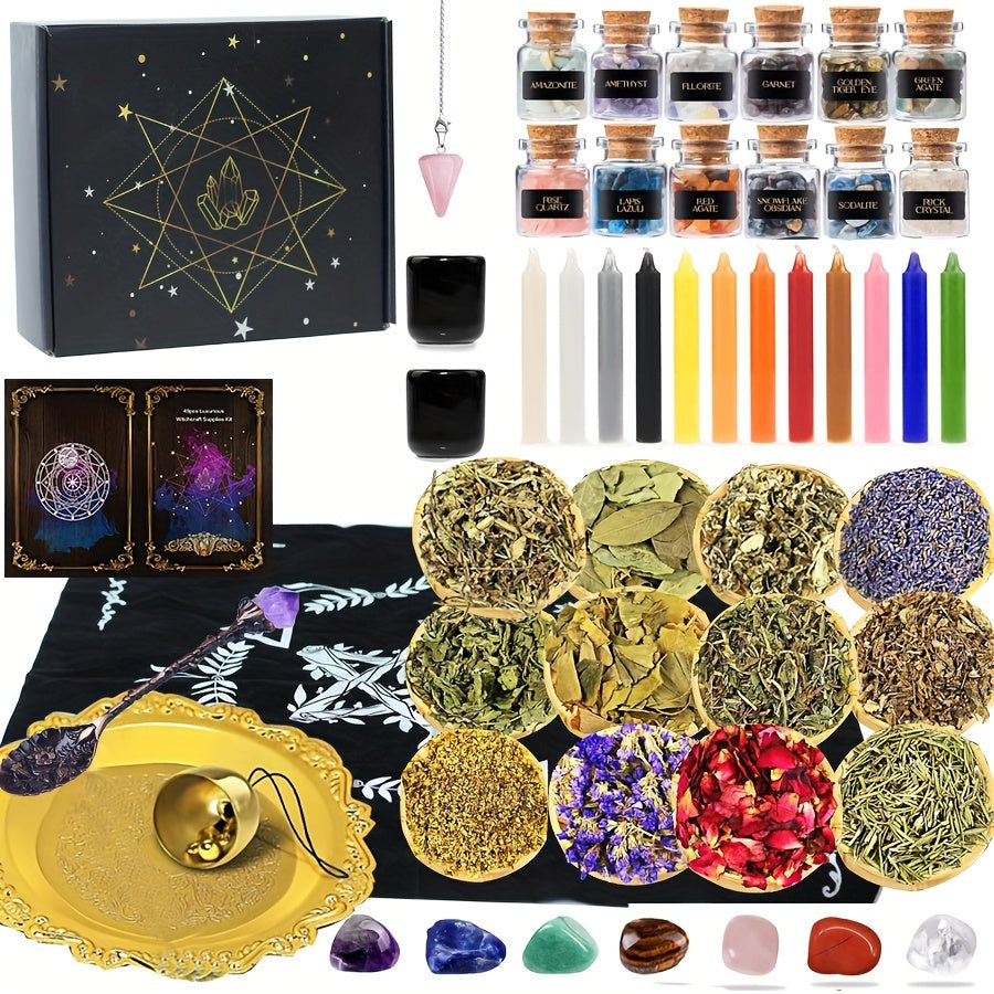 51PCS Witchcraft Starter Kit - Complete Ritual Set With Aromatic Candles, Natural Crystal 7 Chakra, Jars, Herbs, Guided Spells And Essential Tools For Creating A Sacred Witch Altar - Ideal For Beginners And Seasoned Practitio