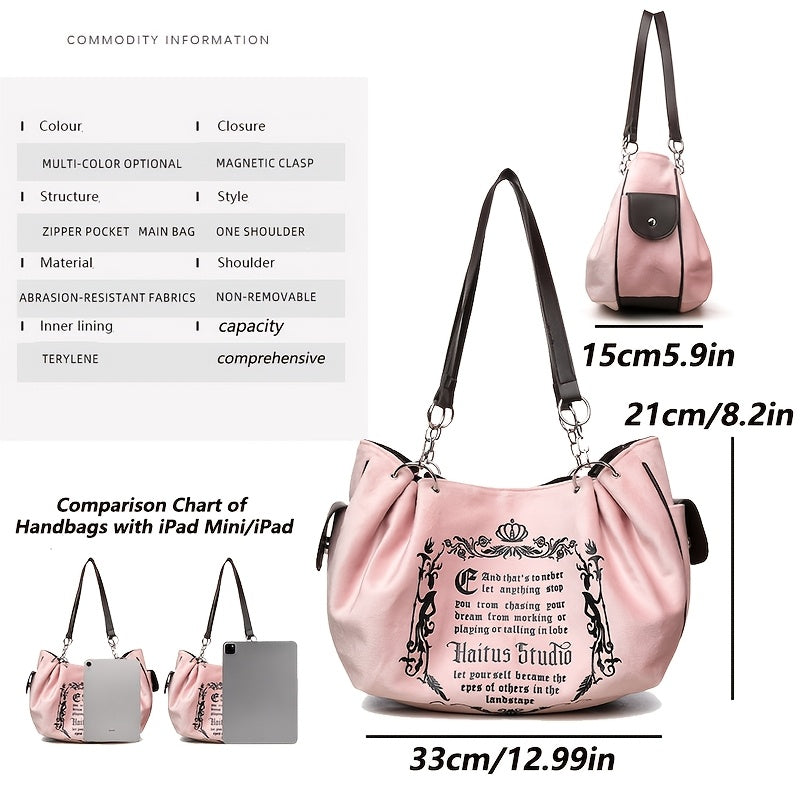 Vintage Gothic Letter Print Velvet Chain Shoulder Bag, Fashionable Soft Suede Large Capacity Messenger Tote, European Pattern, Honey Girl Style Canvas Lining, with Detachable Strap, Magnetic Closure, for Guangzhou