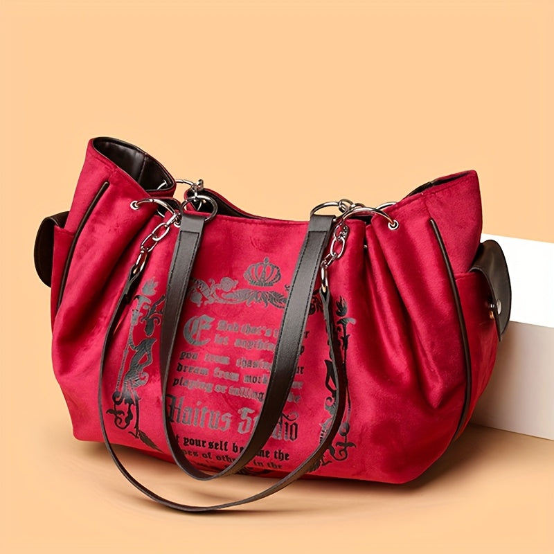 Vintage Gothic Letter Print Velvet Chain Shoulder Bag, Fashionable Soft Suede Large Capacity Messenger Tote, European Pattern, Honey Girl Style Canvas Lining, with Detachable Strap, Magnetic Closure, for Guangzhou