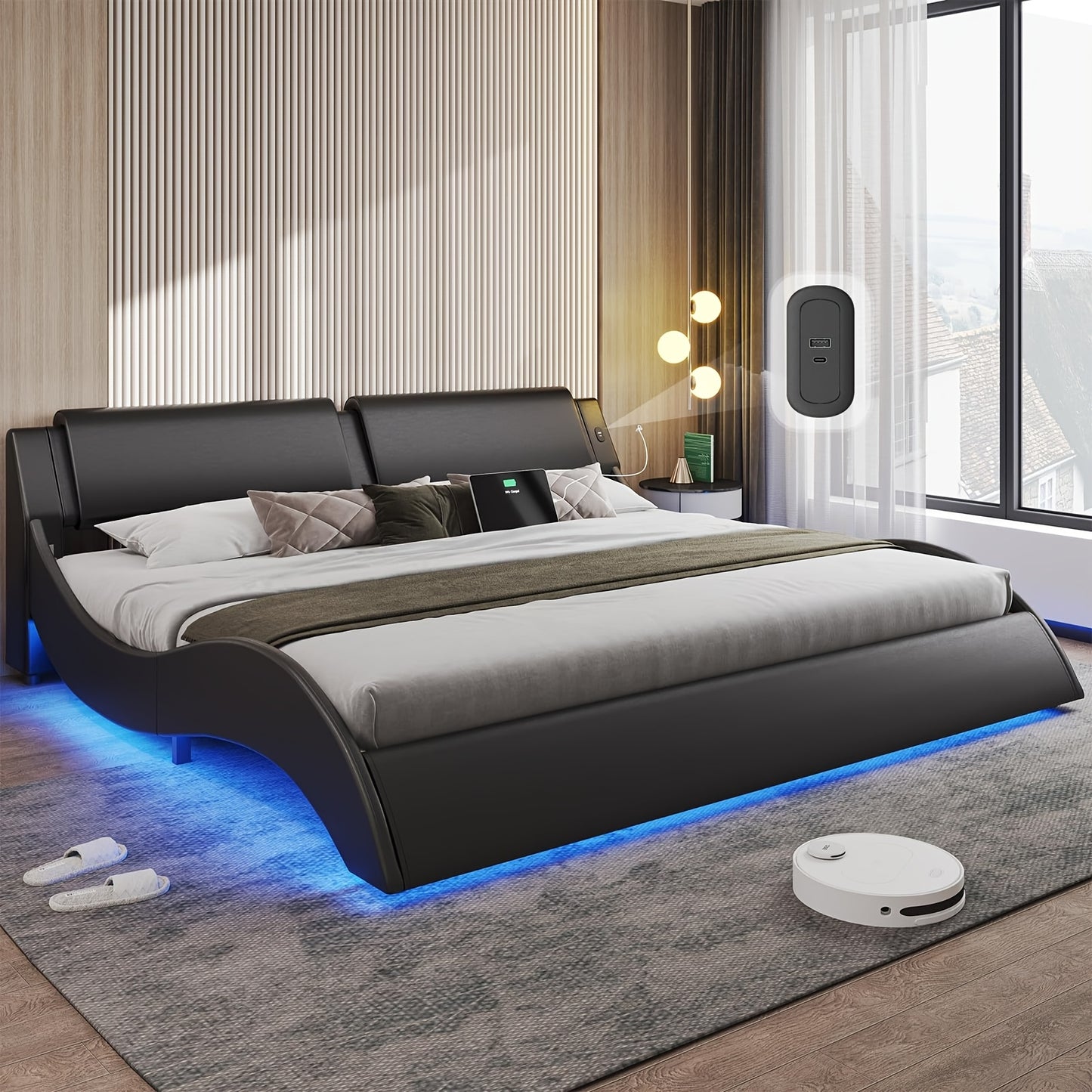 Modern Black Bed Frame with RGB LED Lights, USB & Type-C Ports - Easy Assembly, Faux Leather Wave Design Headboard