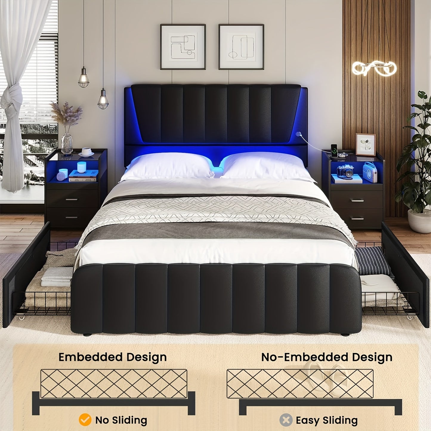 Full Size Bed Frame With Headboard, 4 Storage Drawers, LED Lights Platform Bed Frame With Adjustable Headboard Black