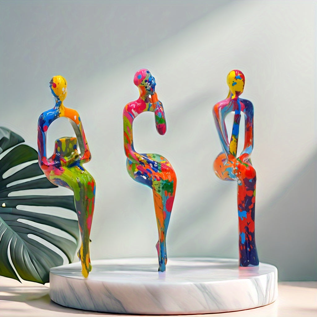 3pcs Modern Resin Abstract Figures Set, Multi-Pose Sitting Design, Living Room Decor, No Electricity Needed, Ideal for Halloween, Easter, Thanksgiving Decorations