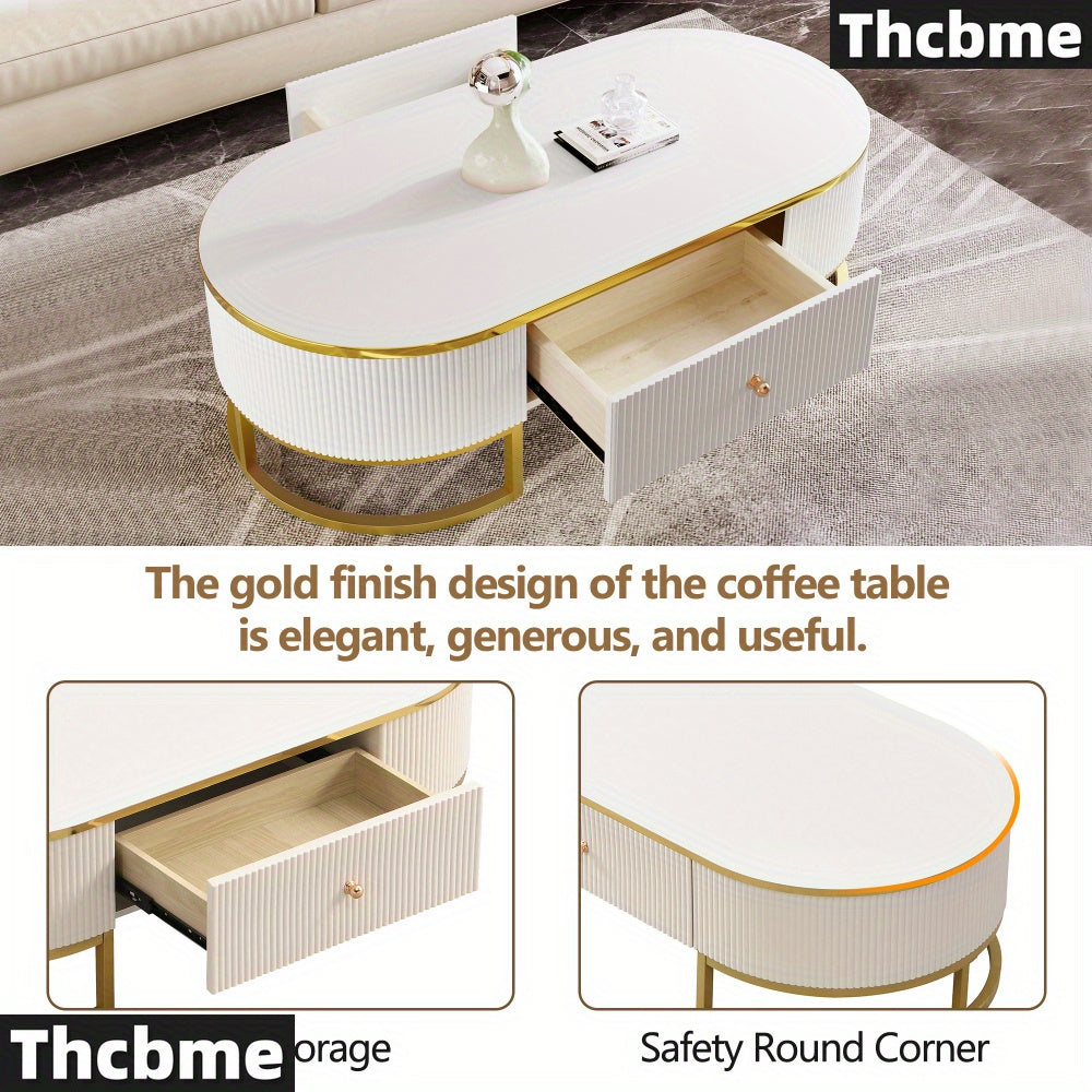 [1 Modern Oval Coffee Table] Thcbme Modern Oval Coffee Table, Wood Frame & Top, Space-Saving Curved Profile Design, with 2 Large Drawers, Golden Metal Accents, for Living Room, Office, Bedroom - White & Golden