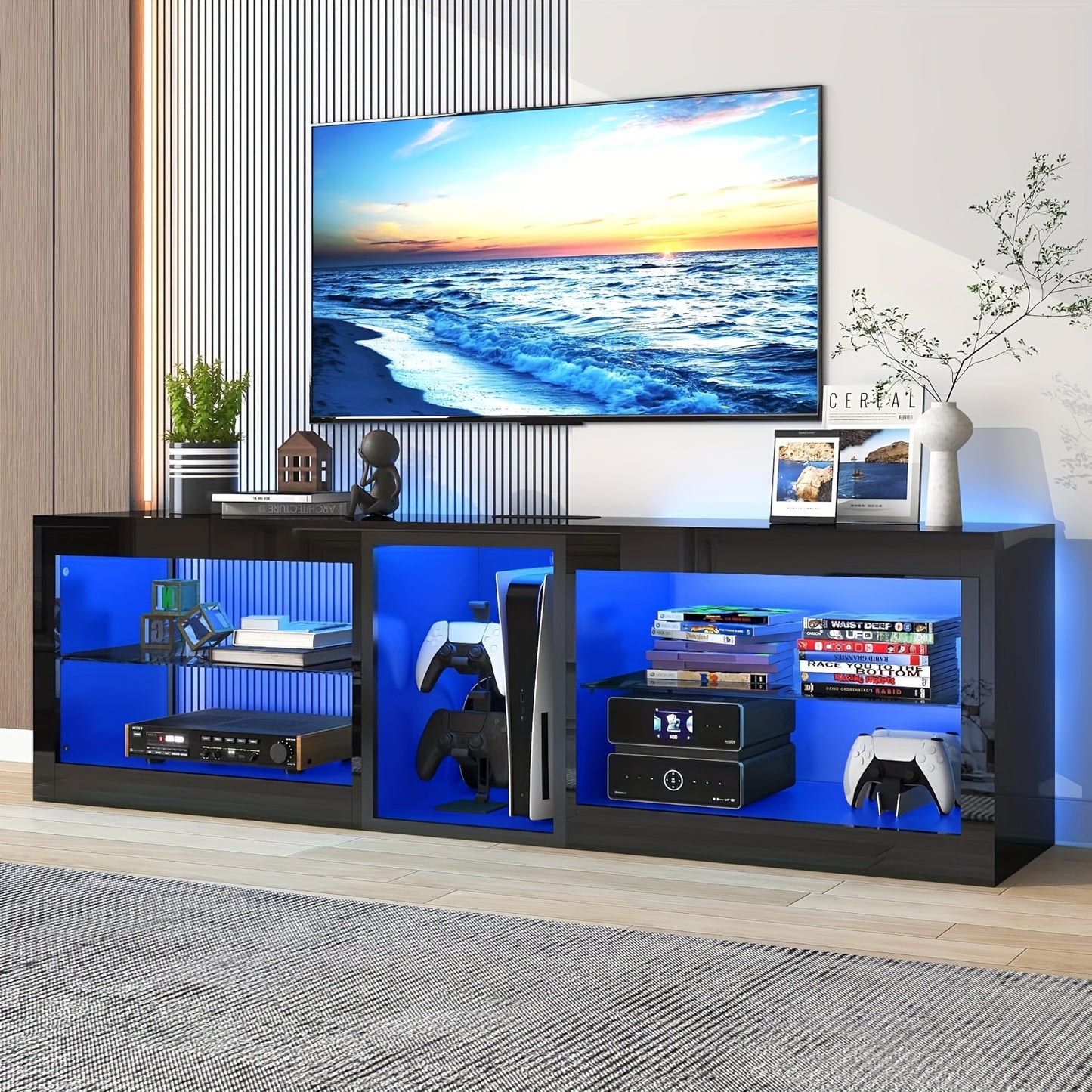 LED TV Stands W/60, 000-Colors Lights&6.5ft Power Outlet For 55 60 65 70inch TV, Modern High Gloss LED Black Entertainment Center W/Adjustable Shelves For Living Room Gameroom/Bedroom