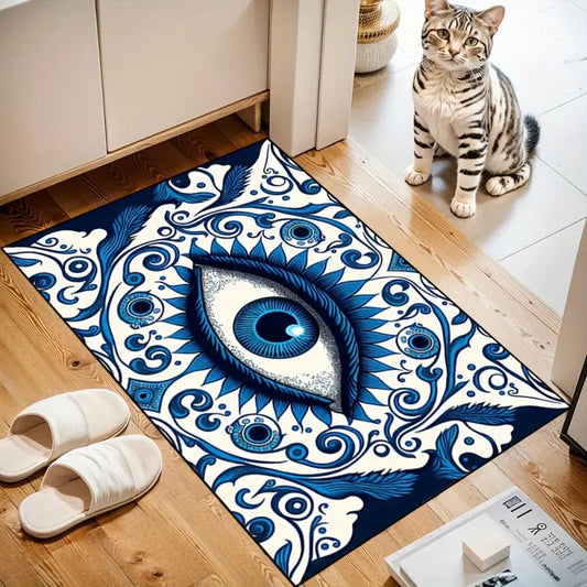 1pc Celestial Guardian Evil Eye Doormat - Greek Amulet & Kabbala-Inspired, Handwashable Non-Woven & Rubber Entrance Mat, Blue & White, Perfect Housewarming Gift for New Home Decor