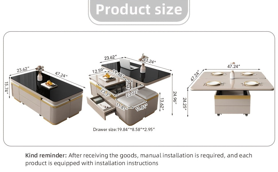 Versatile 3-in-1 Lift Top Coffee Table with Wheels - Extendable & Foldable, Includes 4 Storage Stools, Space-Saving Design for Living Room, Easy Assembly, Available in Gray/Black, Coffee Table for Living Room, Modern, Dining
