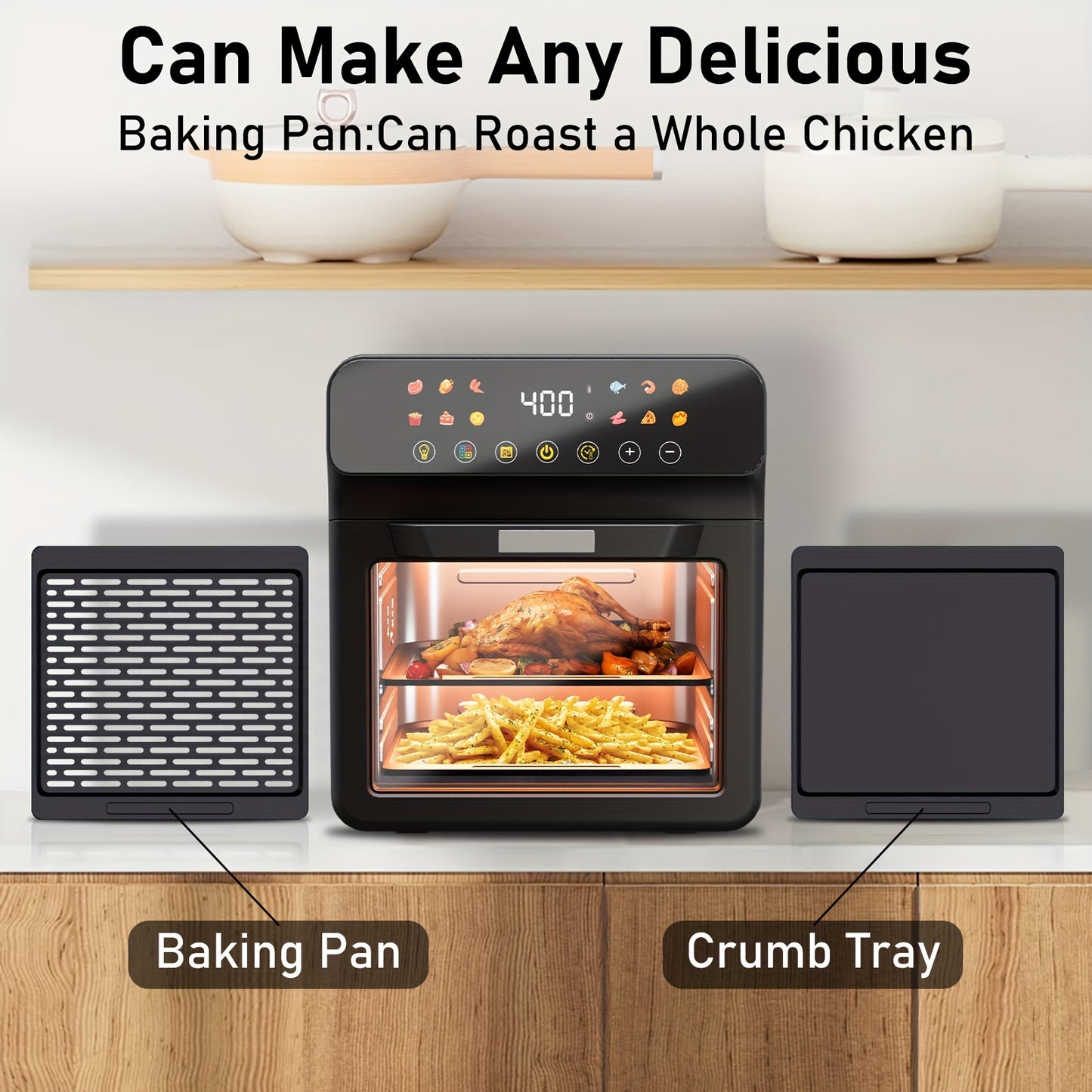 12QT Air Fryer Convection Oven with 10-in-1 Multi Function, Visible Window, Touchscreen, Healthy Choice, Easy to Clean, One-Touch Operation, Grey