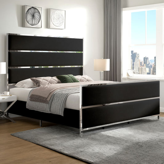 A Velvet Upholstered Platform Bed Frame comes with a 59" Tall Headboard and Footboard, emphasized by Silver Mirrored Plating - and a Box Spring is not necessary