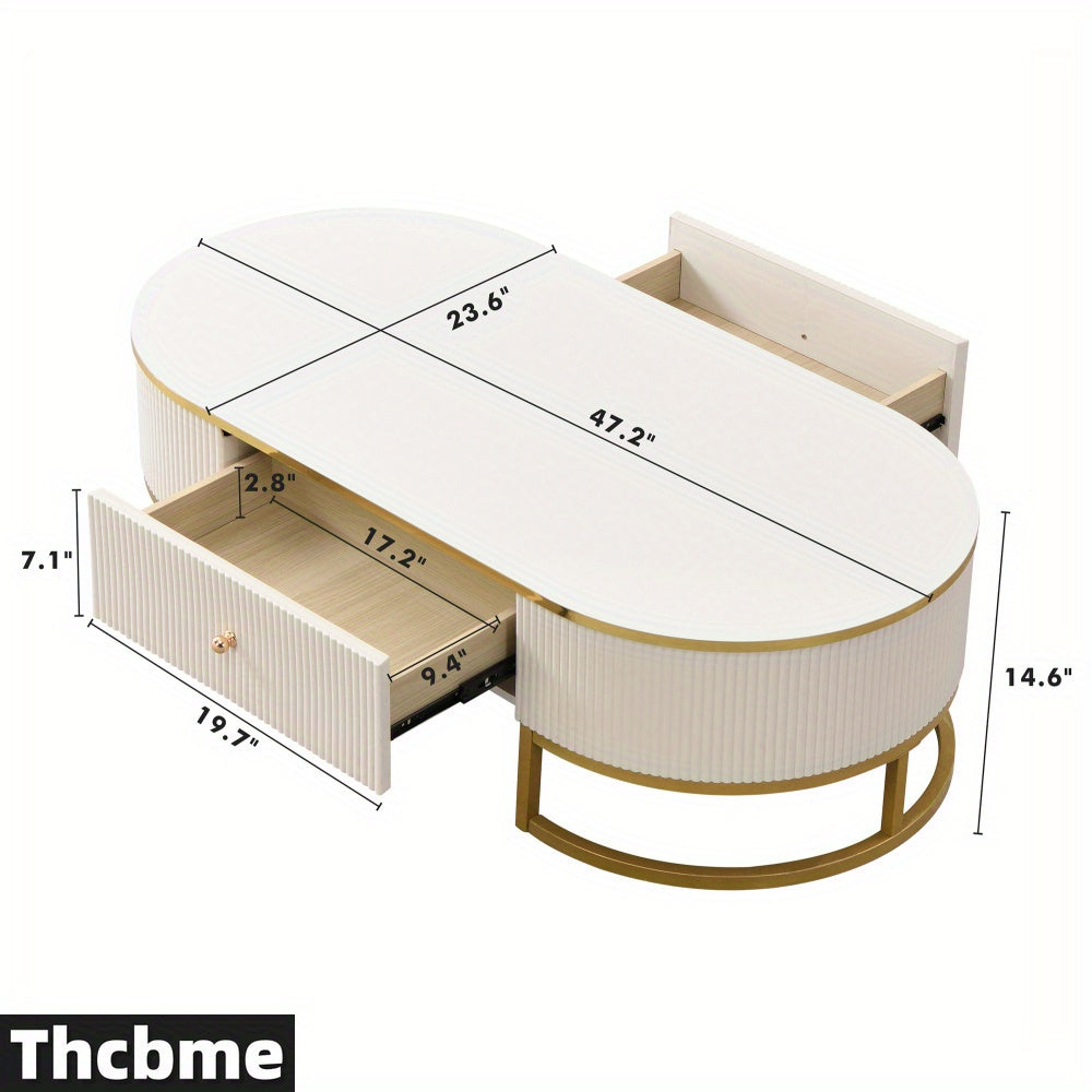 [1 Modern Oval Coffee Table] Thcbme Modern Oval Coffee Table, Wood Frame & Top, Space-Saving Curved Profile Design, with 2 Large Drawers, Golden Metal Accents, for Living Room, Office, Bedroom - White & Golden